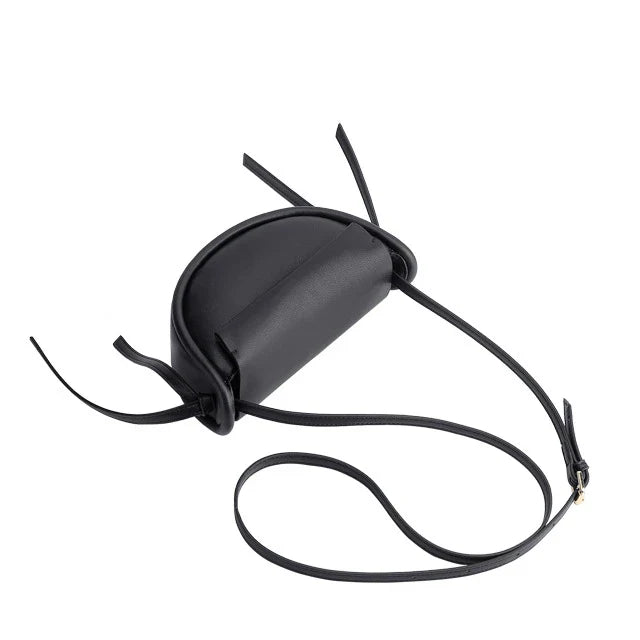 Premium cowhide leather crossbody bag in a distinctive semicircle shape, available in classic colours to complement any UK wardrobe