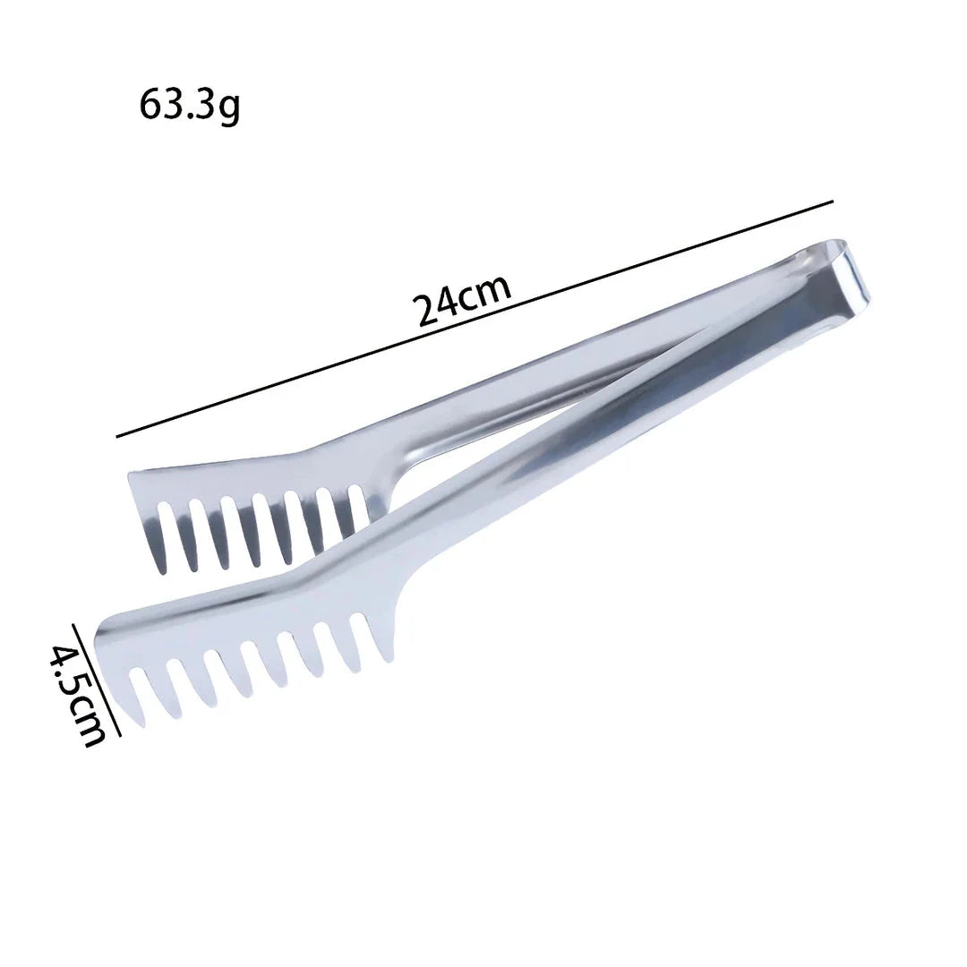 24cm premium stainless steel tongs with thickened wide edge, insertable and releasable design, and independent comb clip for effortless handling of noodles, spaghetti, and irregularly shaped foods