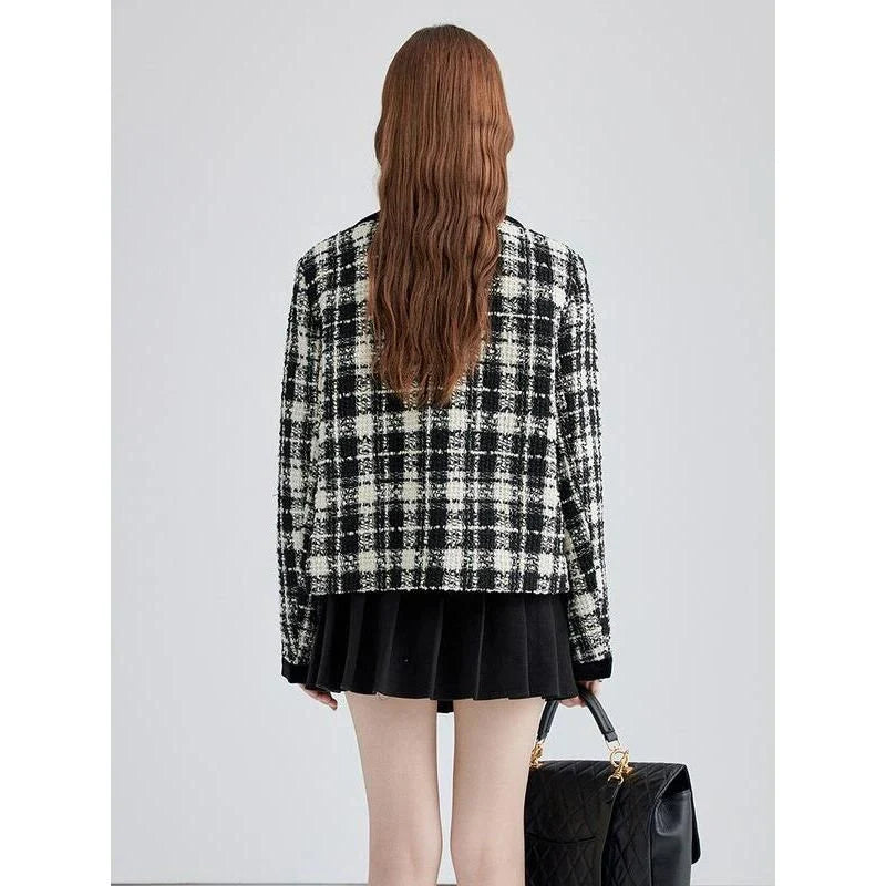Stylish plaid contrast woollen women's short jacket in United Kingdom fashion
