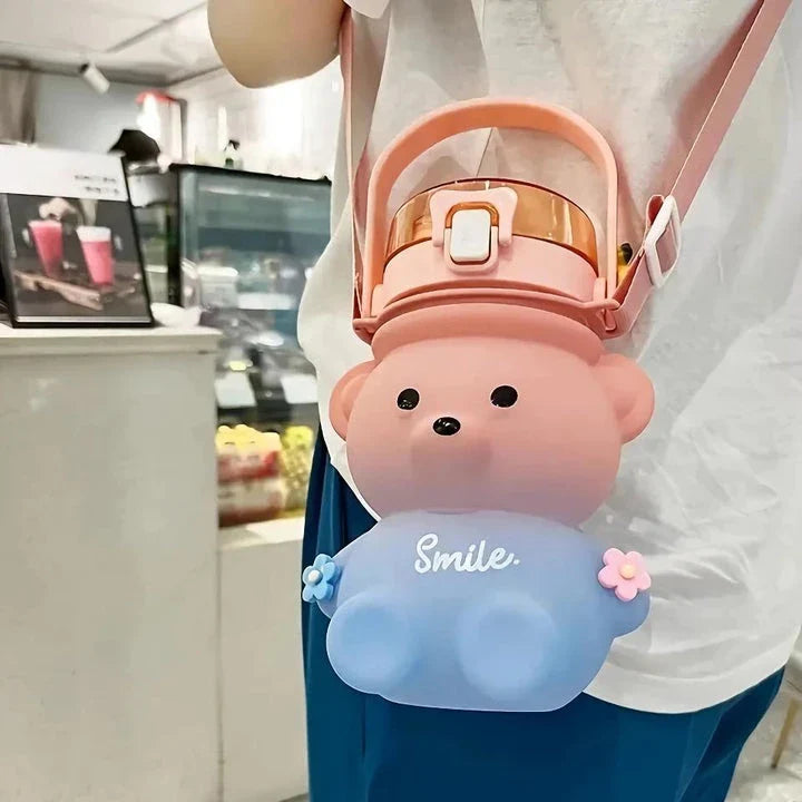 Charming gradient bear-patterned reusable water bottle with straw for convenient hydration on the go