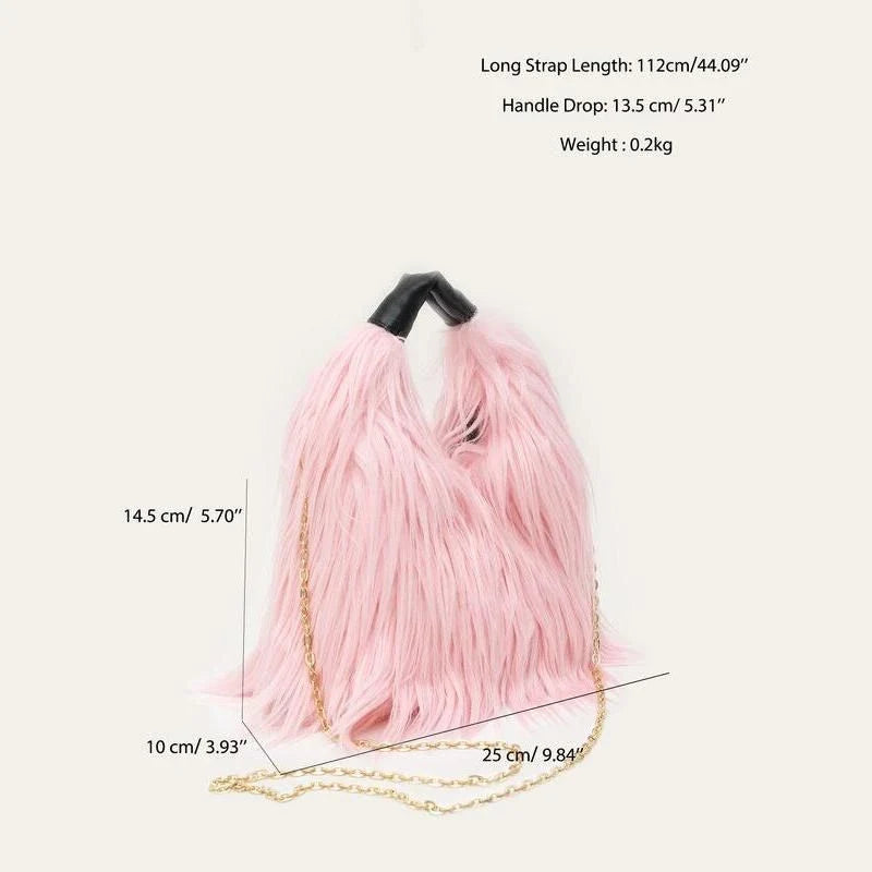 Soft, plush lime-coloured faux fur bucket bag with adjustable strap and chic chain decoration