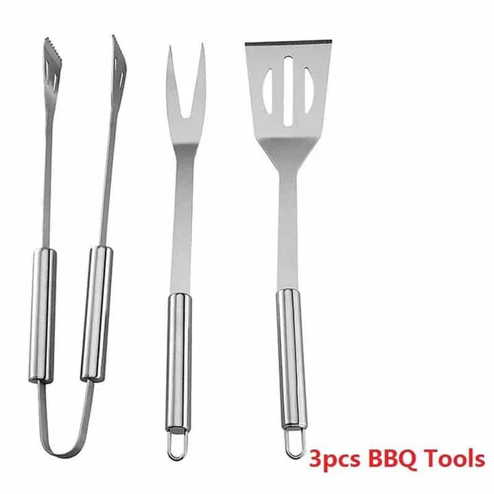 Premium Stainless Steel BBQ Tool Set with Fork, Tongs, and Shovel - Durable, Heat Resistant, and Easy to Clean