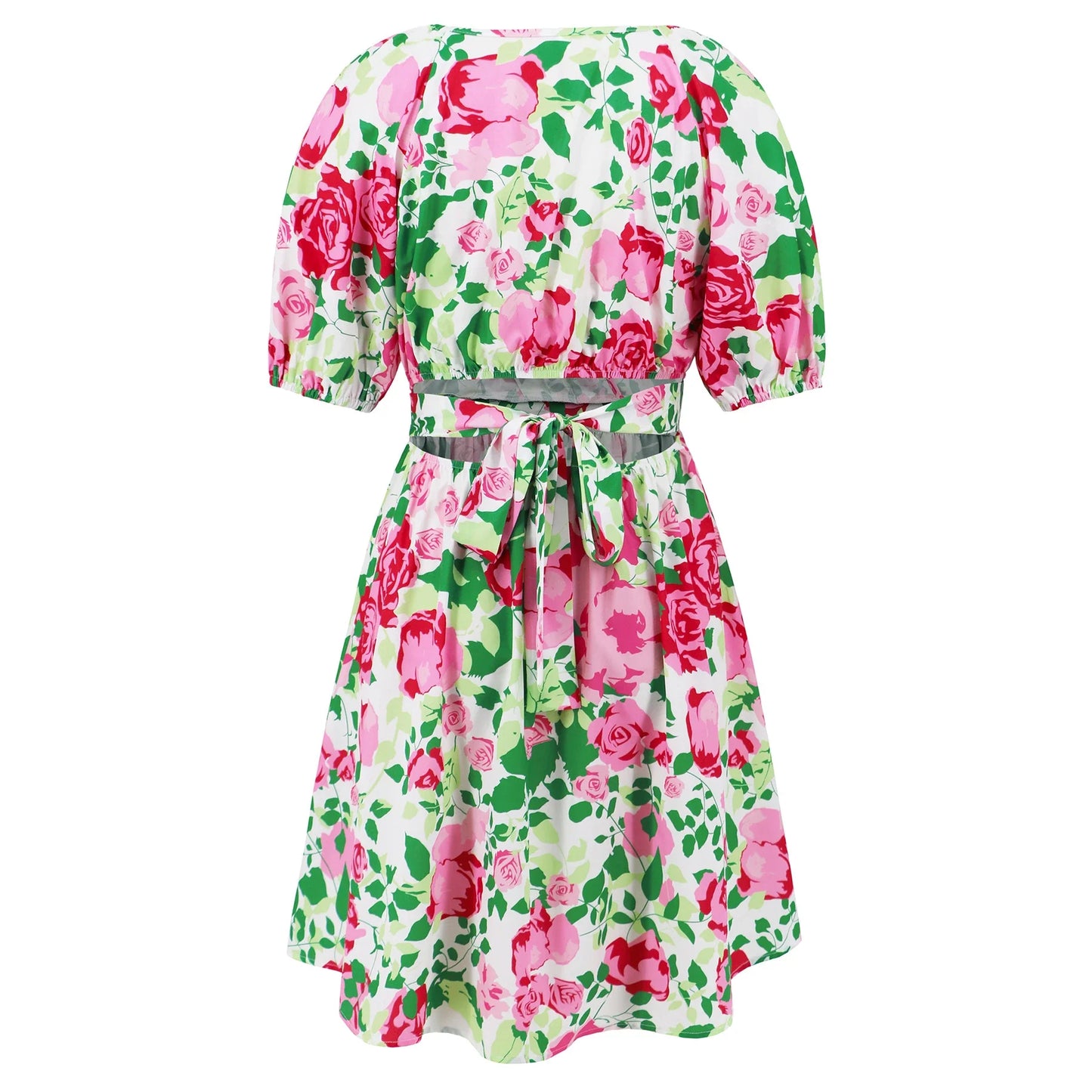 Stylish lantern-sleeve v-neck beach dress in vibrant summer colours, featuring a flattering fit and comfortable stretch fabric
