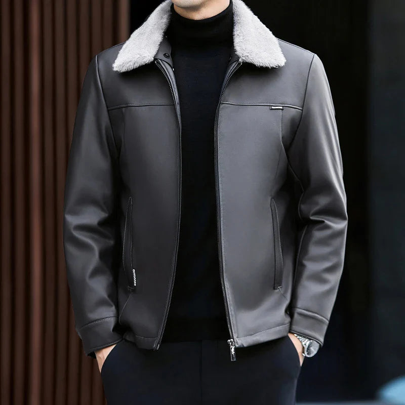 A premium leather down jacket for men, featuring a sleek and sophisticated design with warm insulation for the autumn and winter seasons.