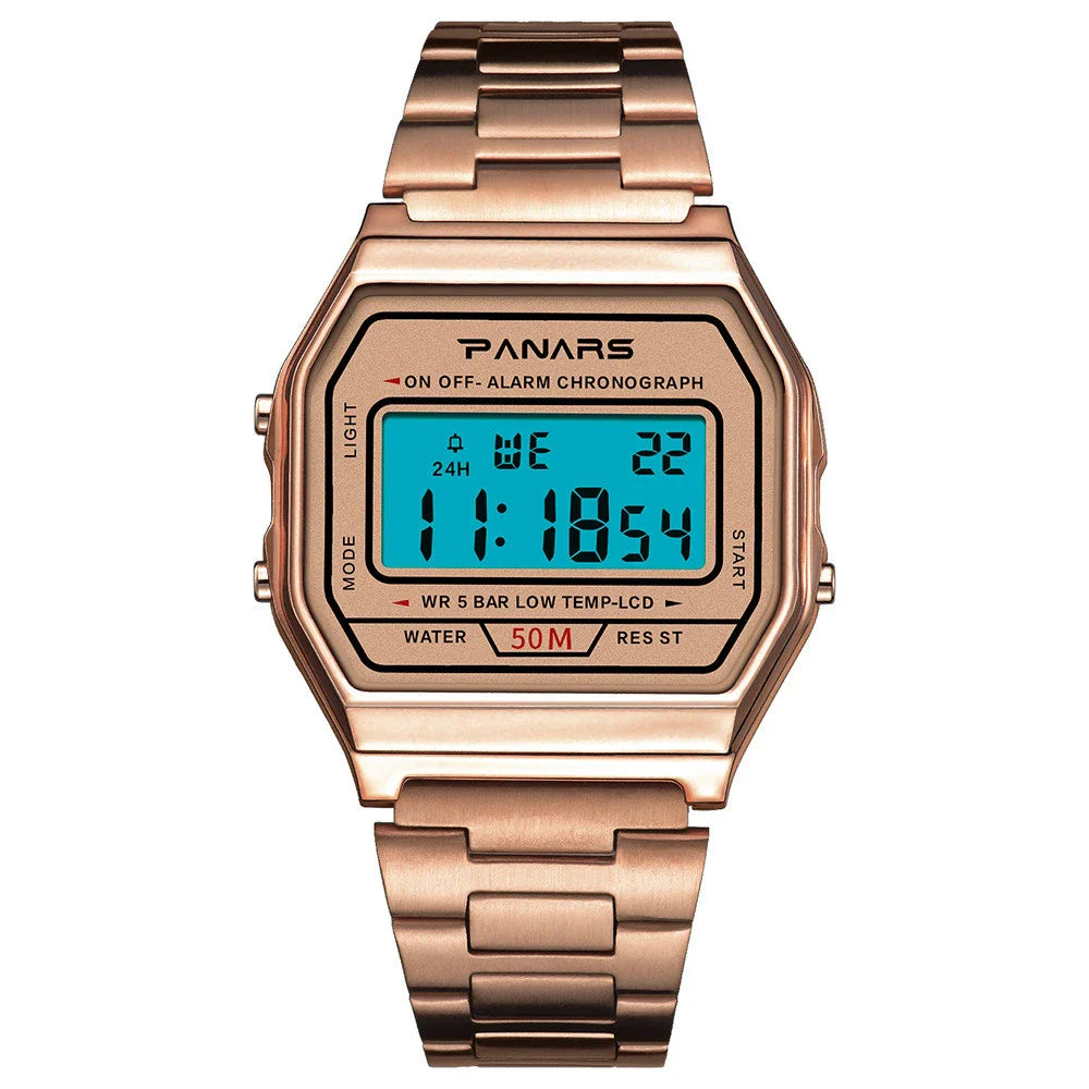 A stylish and retro-inspired gold watch with a sleek and compact design, featuring a luminous display and water resistance for everyday wear.