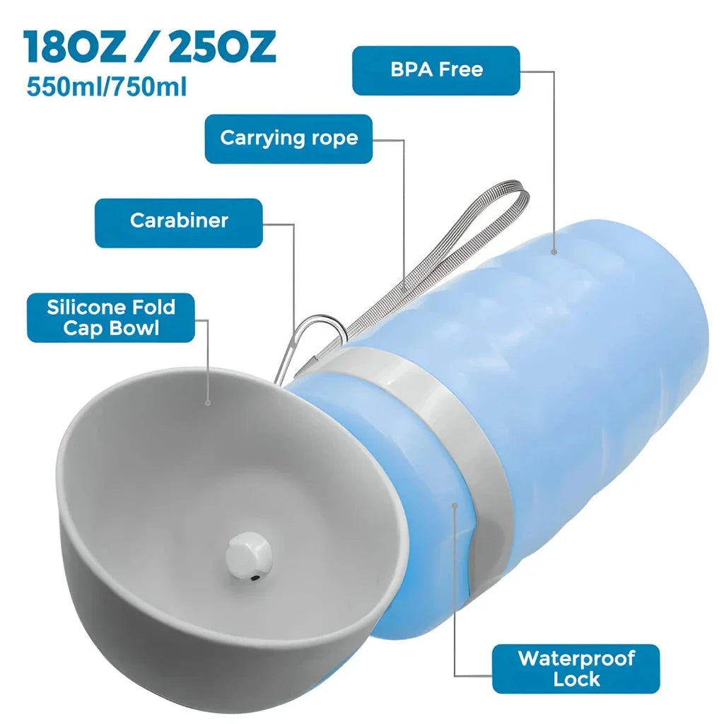 Portable dog water bottle with foldable drinking cup bowl, made of durable and food-grade plastic for safe hydration on walks, hikes, and outdoor activities.