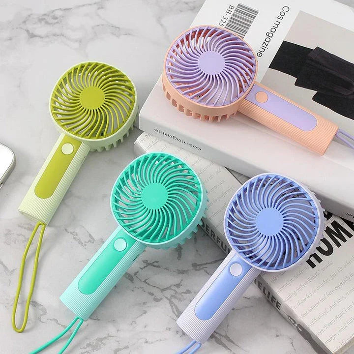 Mini Handheld USB Rechargeable Fan with 3 wind speed settings, rechargeable battery, and integrated night light