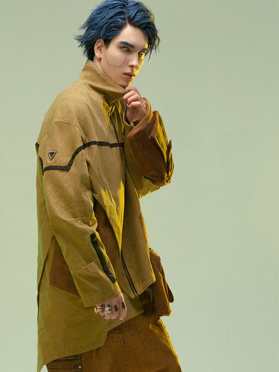Asymmetric medium and long sandstone wind coat with premium cotton construction and adjustable stand collar for versatile British style