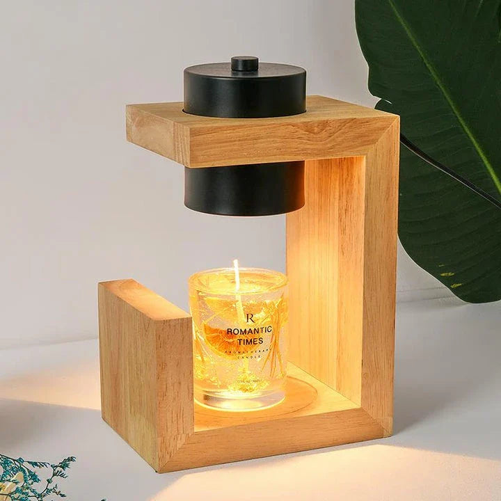 Elegant Nordic-style candle warmer lamp with oak wood and iron construction, dimmer switch, and timer function