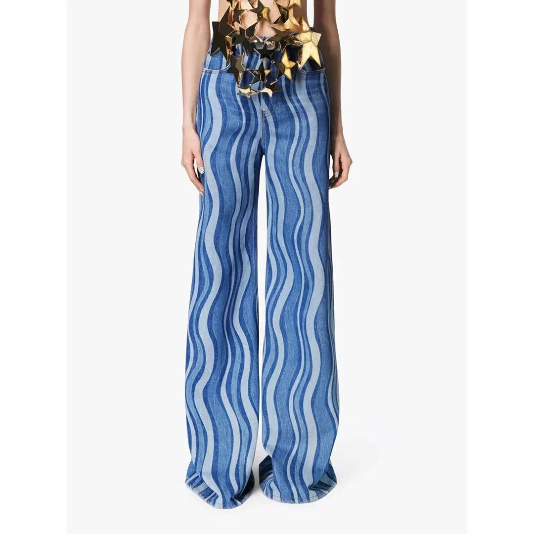 Women's high-waist striped denim trousers in a stylish blue colour, featuring a unique pattern and functional design for everyday wear.