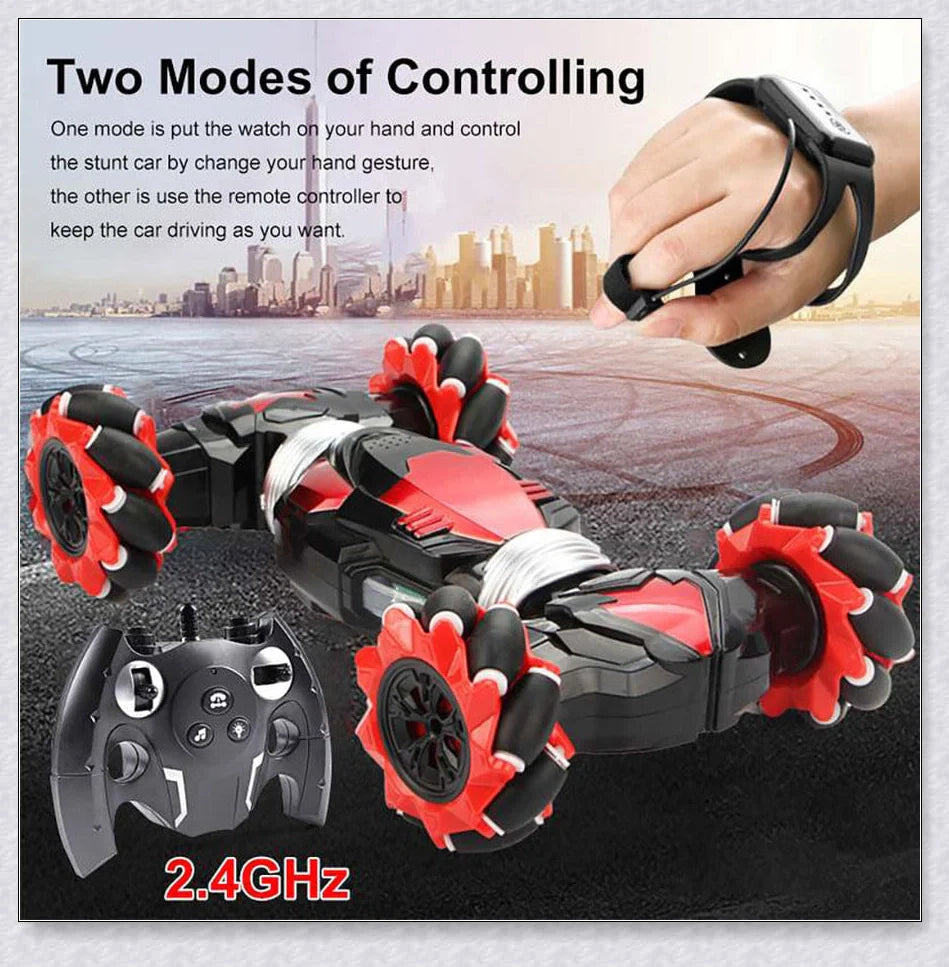 Remote control stunt car with 360-degree rotation, flips, and built-in colourful lights and music for exciting playtime
