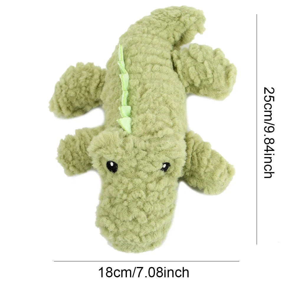 Plush crocodile-shaped squeaky dog toy made of durable, bite-resistant fleece material