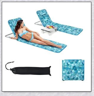 Stylish folding outdoor lounge chair with comfortable padded seat and adjustable backrest, perfect for relaxing by the pool or on the beach