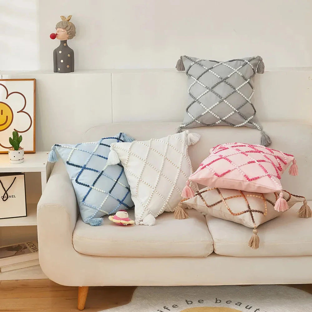 Nordic geometric tassel cushion cover with gradient design, perfect for adding modern style to your home