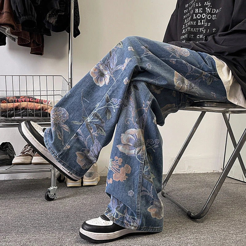 Stylish British men's loose straight-leg jeans in classic blue colour, made from durable chemical fibre blend for all-day comfort and versatility.