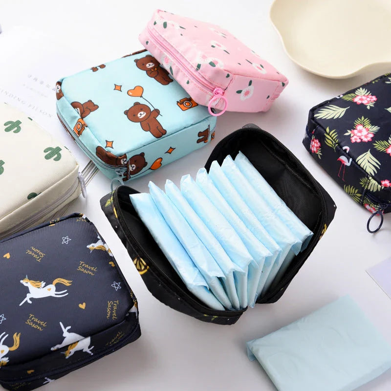 Portable Sanitary Napkin and Cosmetic Storage Bag in Tibetan Unicorn design, with a compact, folding design and contemporary pattern