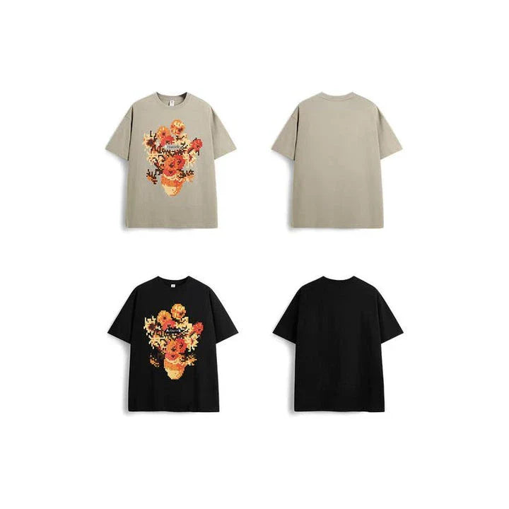 Trendy metallic sunflower print t-shirt in black and khaki colours, made from soft and breathable cotton fabric