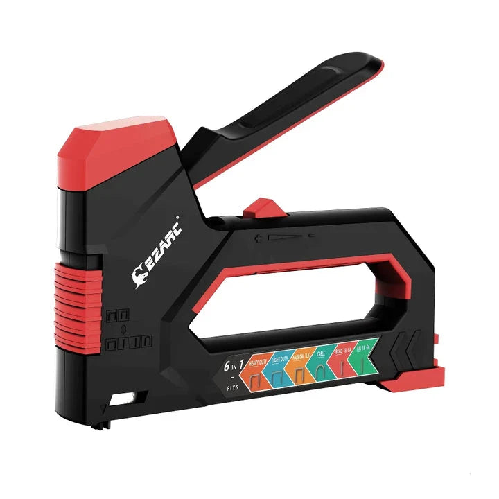 A heavy-duty manual staple gun with a black body and rubber grip, capable of driving multiple types of fasteners for a variety of DIY projects.