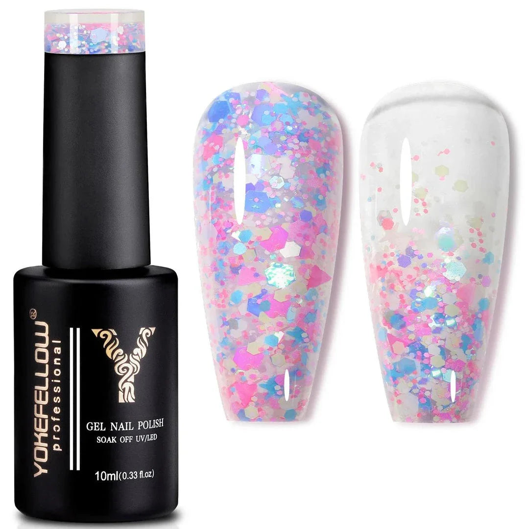 Sparkling pink gel nail polish with glitter sequins for a dazzling manicure