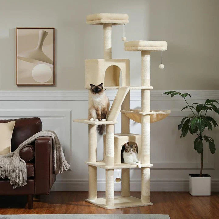 Impressive 180cm tall multi-level cat tree tower with multiple platforms, scratching posts, and cosy napping spots for cats