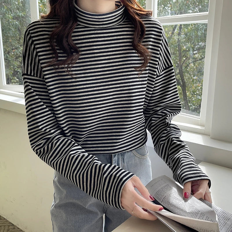 Premium half-high neck striped long-sleeve t-shirt in grey and black, made with high-quality British cotton for ultimate comfort and style.