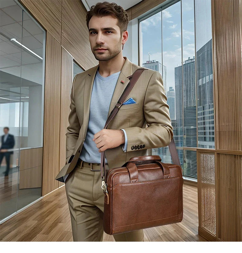 Men's genuine leather briefcase in dark coffee colour, featuring a spacious interior and adjustable shoulder strap for versatile carrying