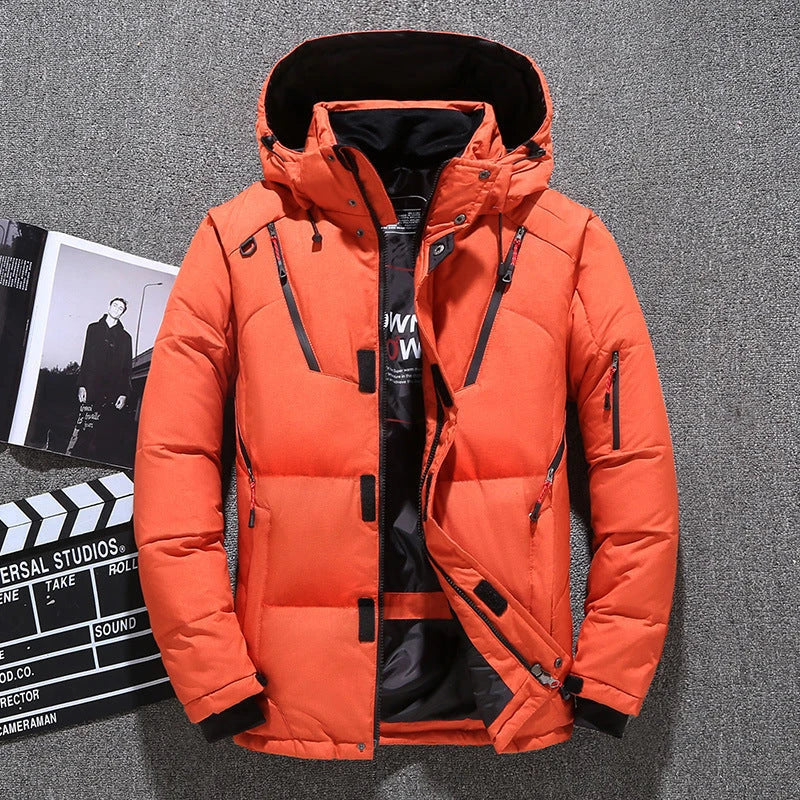 Men's premium white duck down insulated winter jacket with multiple pockets, adjustable hood and cuffs, designed for warmth and style.