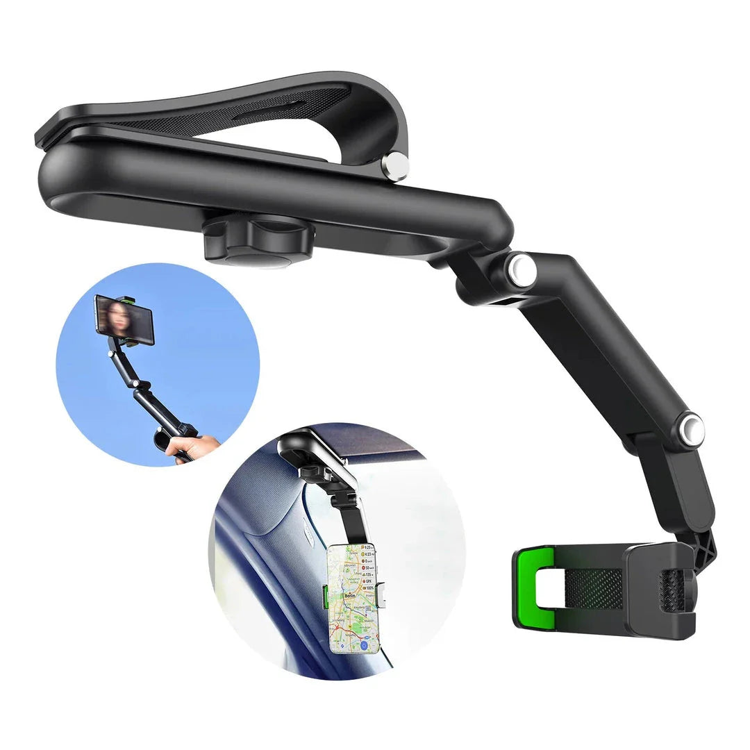 Premium 360-degree adjustable car phone holder for rearview mirror, featuring a durable and versatile design for secure smartphone mounting