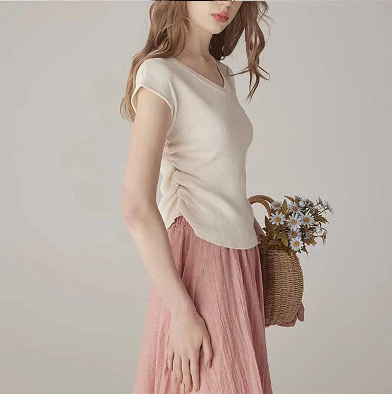Refined Solid Colour Modest V-Neck Short Sleeve Slenderising Women's Top in Beige, Navy, and Black