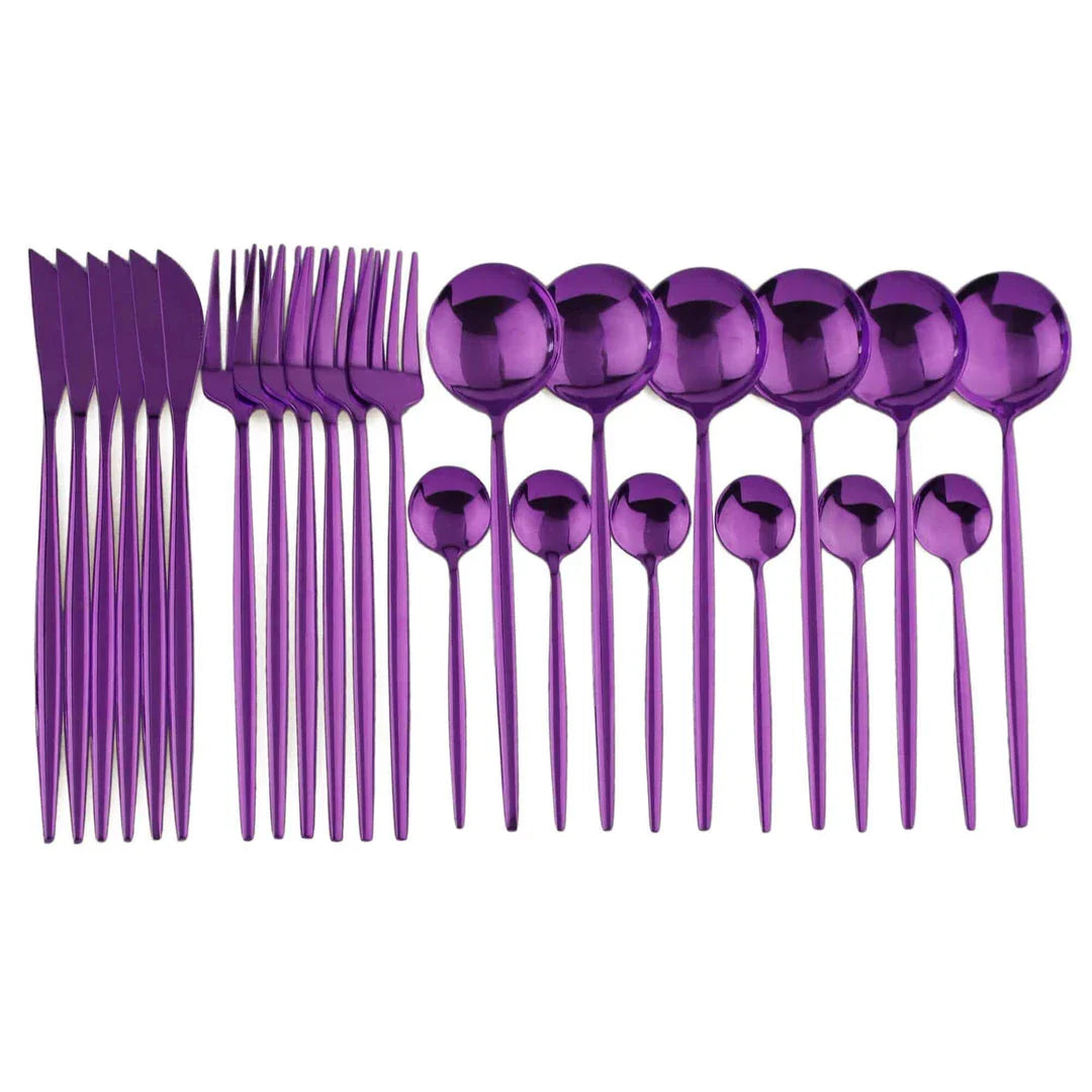 Premium 24-piece stainless steel tableware set with elegant black handles, ideal for formal and casual dining in the United Kingdom