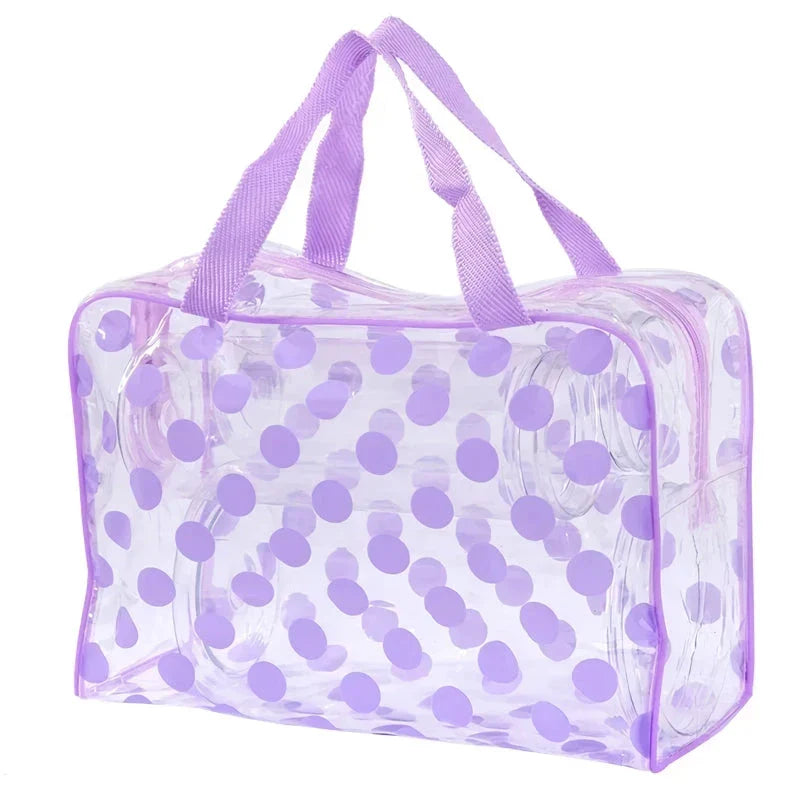 Stylish and durable PVC transparent makeup bag with fashionable dot pattern, perfect for British travellers