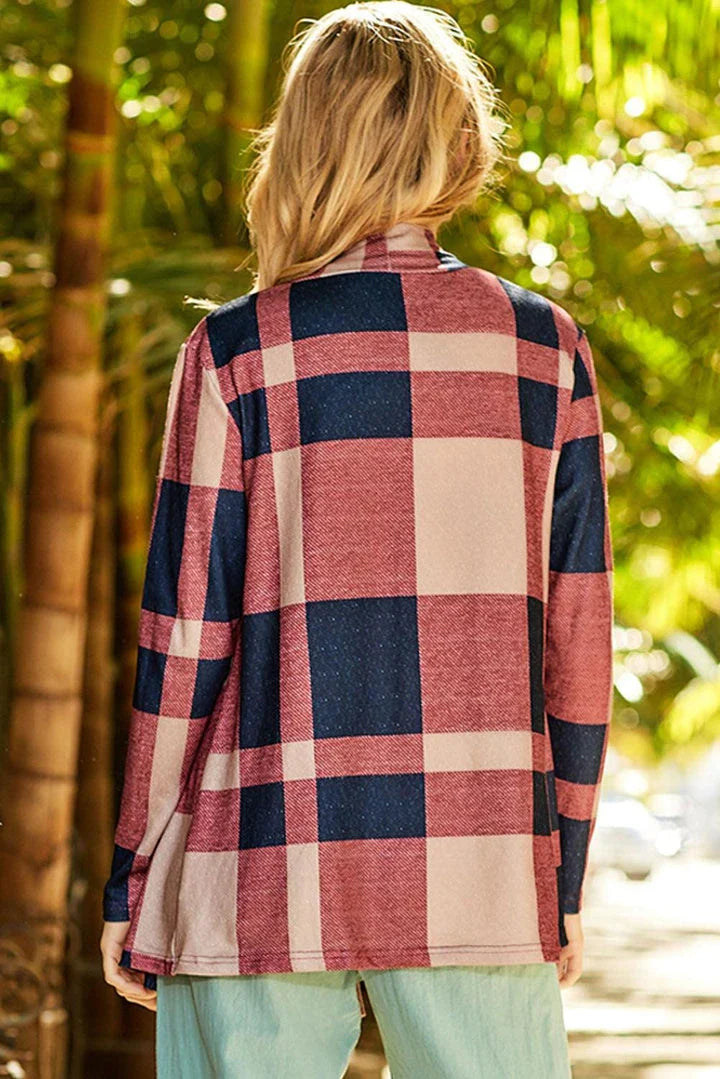 A stylish plaid open-front cardigan in a relaxed, comfortable silhouette for versatile British-inspired fashion