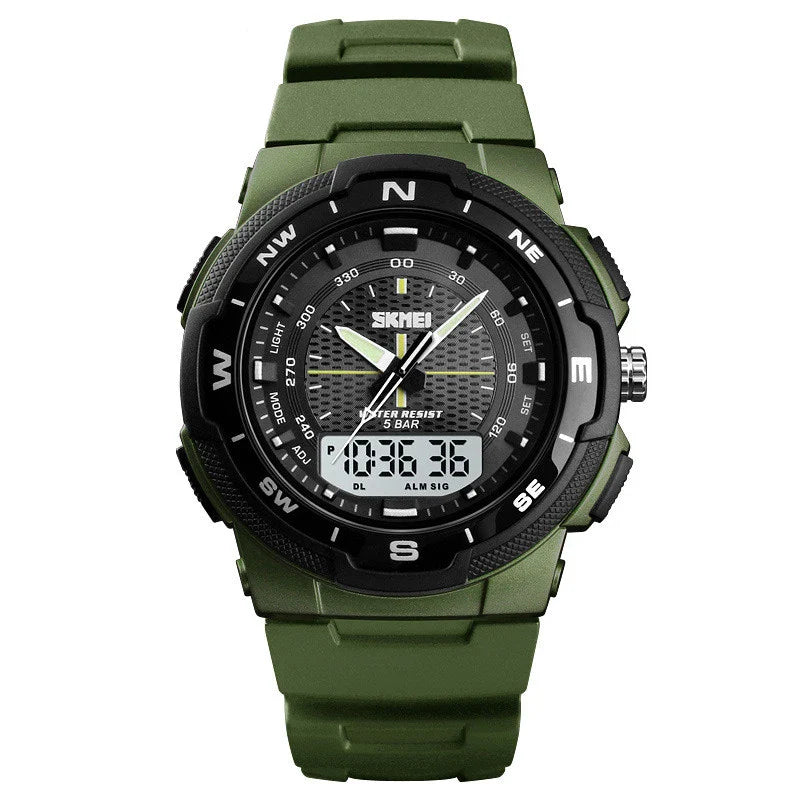 A stylish men's electronic watch with a dual display and a durable rubber strap