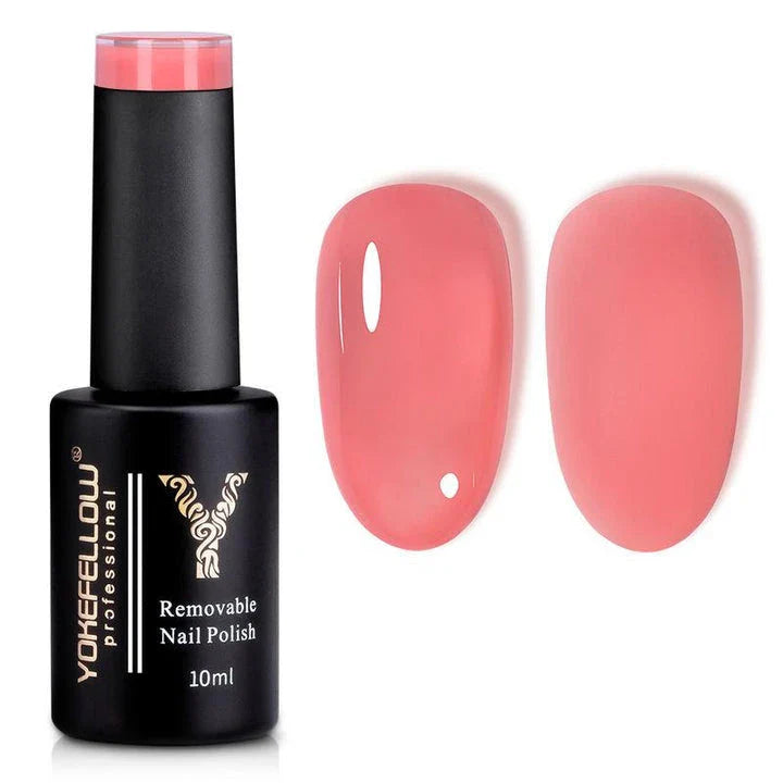 Vibrant jelly strawberry gel nail polish in a 10ml bottle, providing long-lasting, chip-resistant wear for professional-quality nails at home.