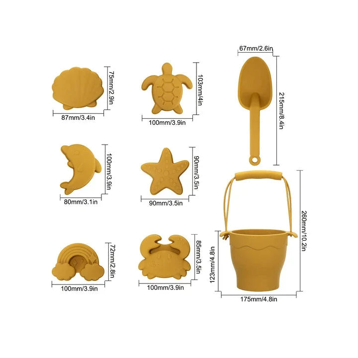 Premium eco-friendly silicone beach playset with bucket, spades, and themed molds for children's creative outdoor play