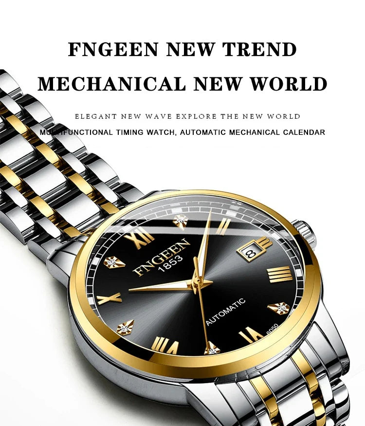 Premium automatic mechanical watch with leather strap, featuring a stainless steel case, luminous hands and markers, and a stylish British-inspired design