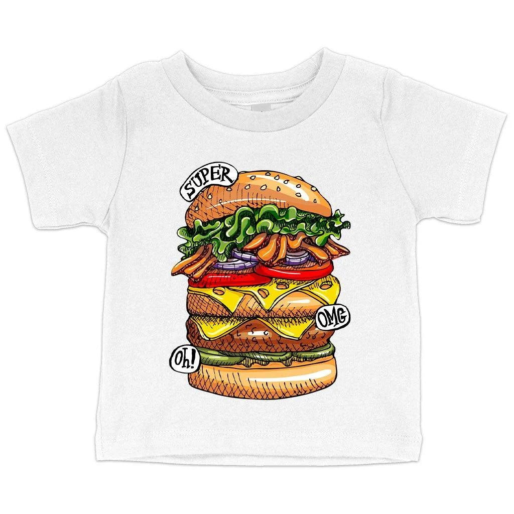Trendy Baby Burger T-Shirt in white, featuring a cute burger graphic design for comfortable and stylish baby clothing