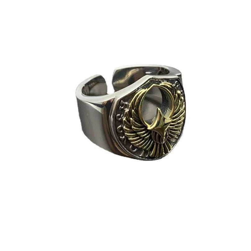 Timeless British Gentleman's Retro Silver Ring with Adjustable Fit and Intricate Auspicious Patterns