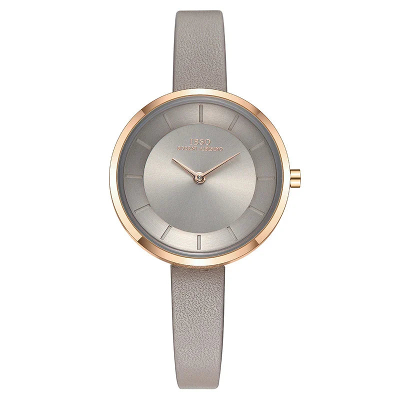 Stylish slim ladies' waterproof watch in various colours, including black, tan, grey, and white, with rose gold or silver accents.