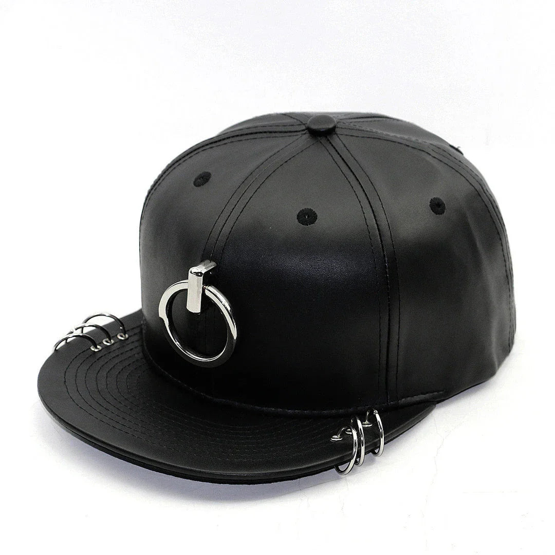 A stylish black flat-brimmed cap with a Korean-inspired design, featuring an adjustable elastic band for a comfortable fit.