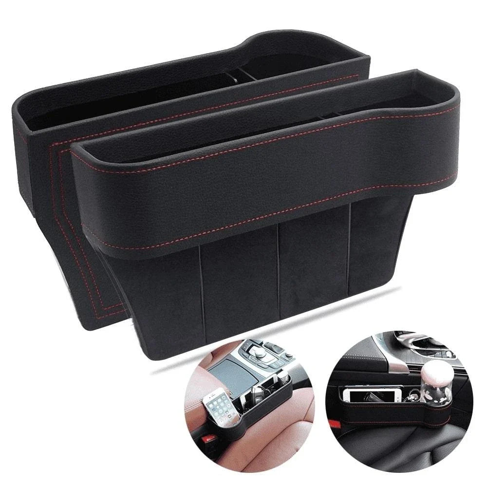 Dual Car Seat Organiser Set with various compartments and storage spaces for keeping car essentials organised