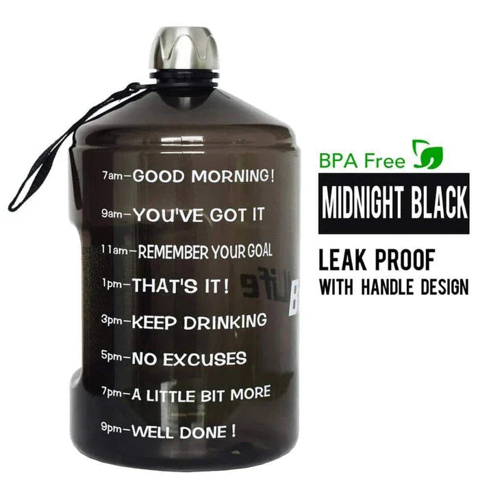 Premium customized gallon water bottle with time tracker markings, available in multiple vibrant colours
