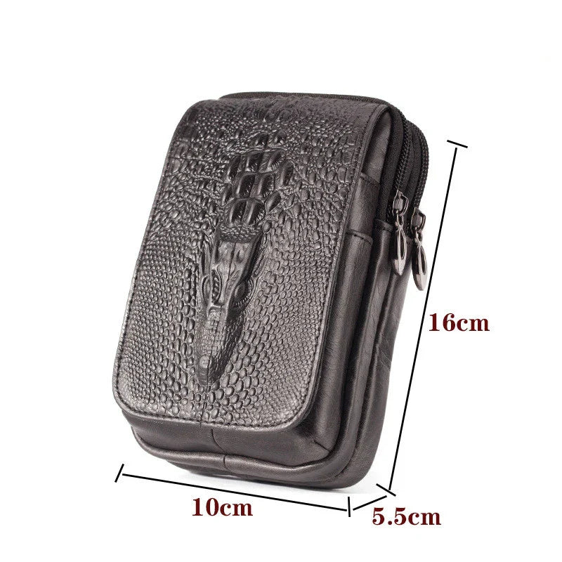 Premium cowhide leather men's mobile phone pouch in vertical design with multiple interior compartments