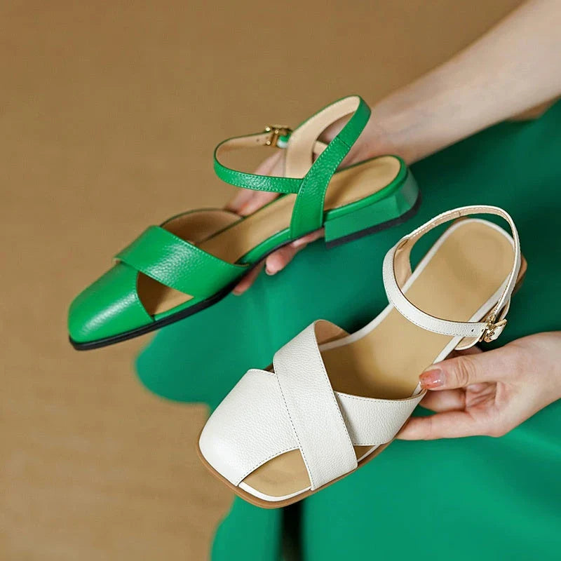 Stylish and comfortable low-heel leather sandals in green, perfect for summer wear