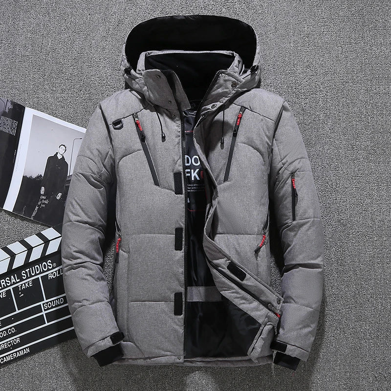 Men's premium white duck down insulated winter jacket with multiple pockets, adjustable hood and cuffs, designed for warmth and style.