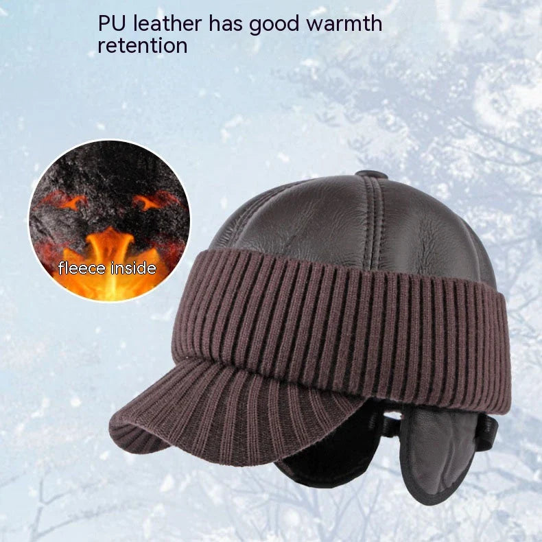 Men's Winter Baseball Cap with Leather Earflaps in Brown Colour