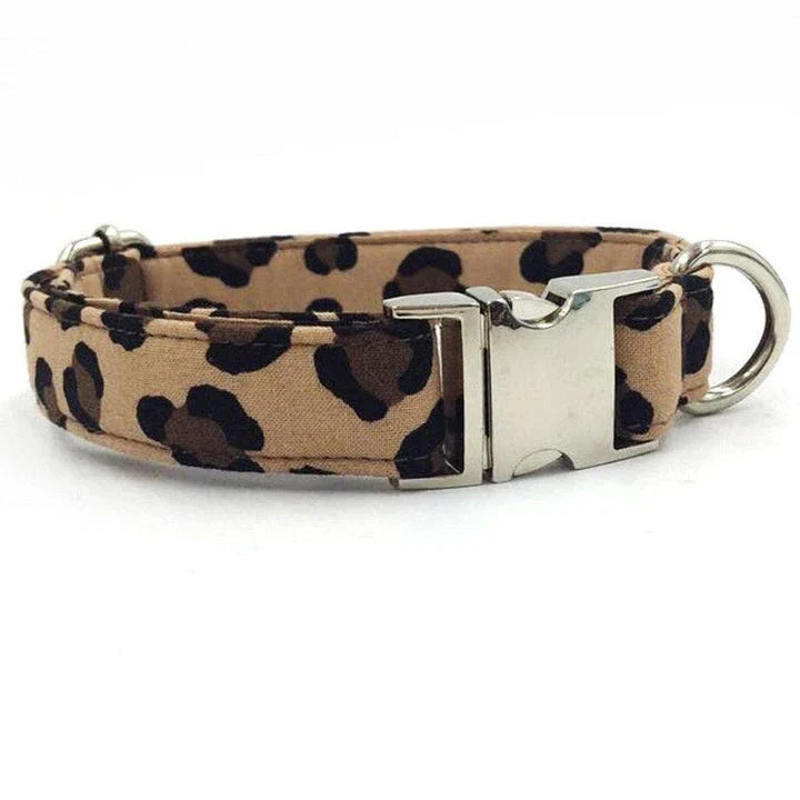 Stylish leopard-print dog collar and leash set made from premium 100% cotton for comfort and durability