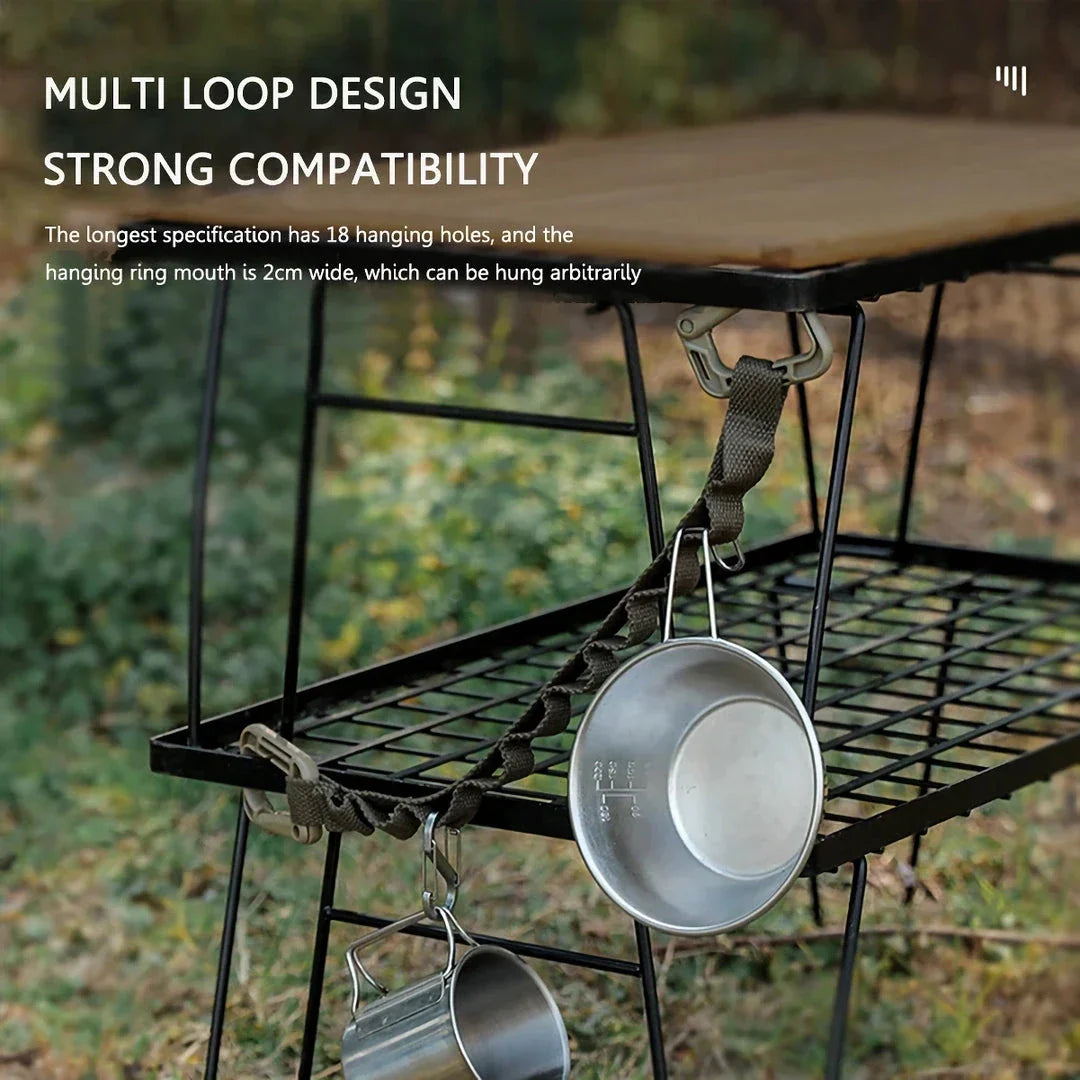 Adjustable camping strap with multi-ring design for organising outdoor gear and supplies