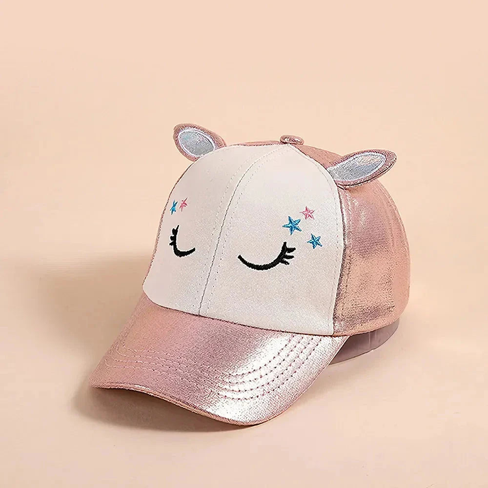 A playful, embroidered kids' baseball cap in a vibrant red panda colour, featuring a cute cartoon cat design and shimmering sequin accents.
