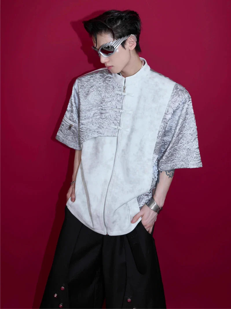 Buckle Design Sense Padded Shoulder Short Sleeve Loose T-shirt in black and white colours